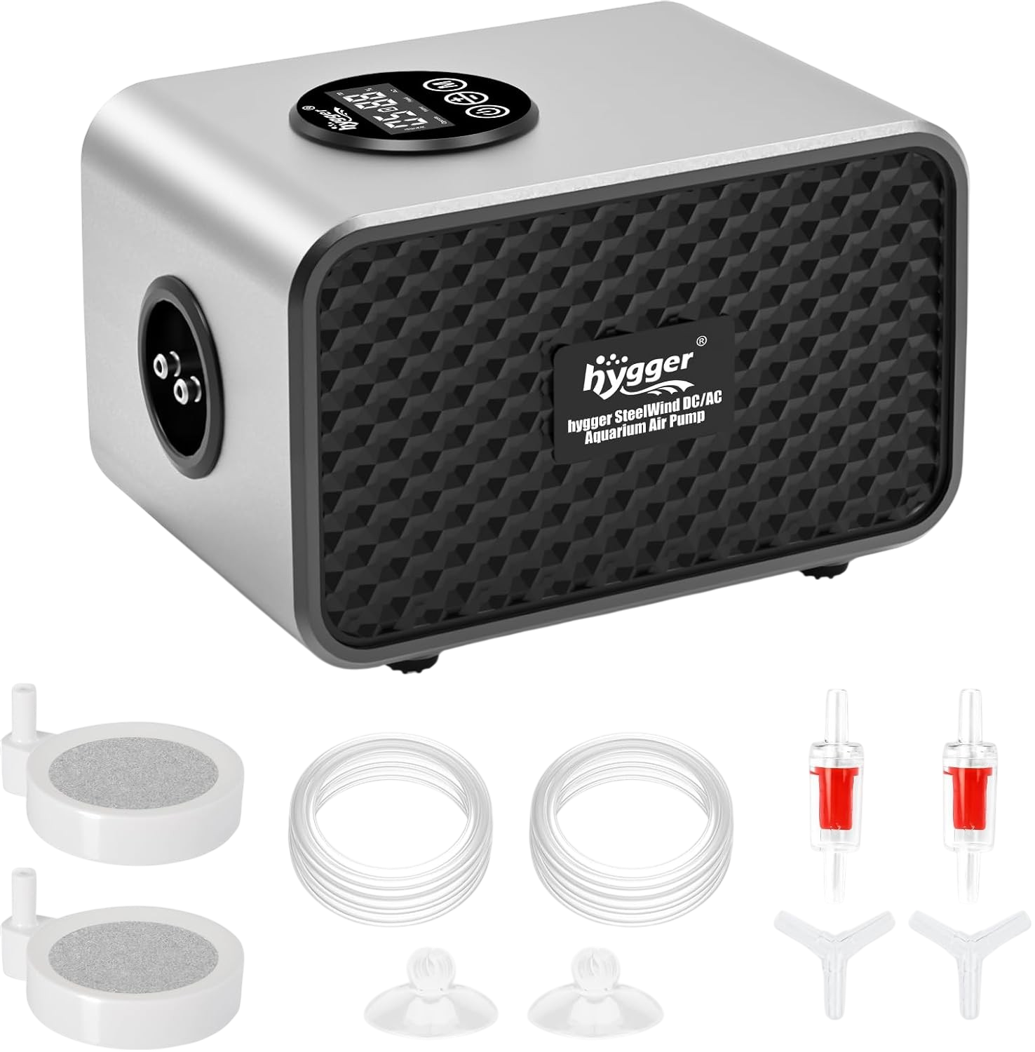 Hygger rechargeable battery powered air pump LCD display dual outlets